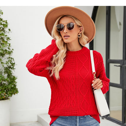 Women's fall and winter fashion pullover knit sweater half-high neck long-sleeved twist pattern knit sweater casual lazy wind pullover sweater tops