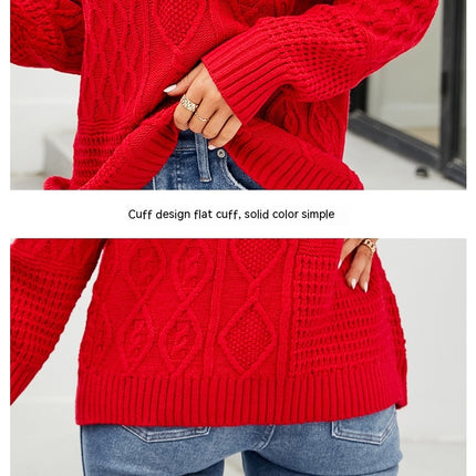 Women's fall and winter fashion pullover knit sweater half-high neck long-sleeved twist pattern knit sweater casual lazy wind pullover sweater tops