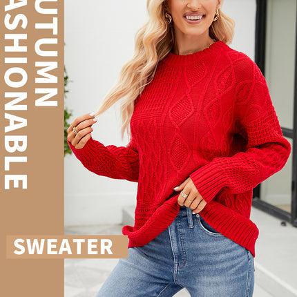 Women's fall and winter fashion pullover knit sweater half-high neck long-sleeved twist pattern knit sweater casual lazy wind pullover sweater tops