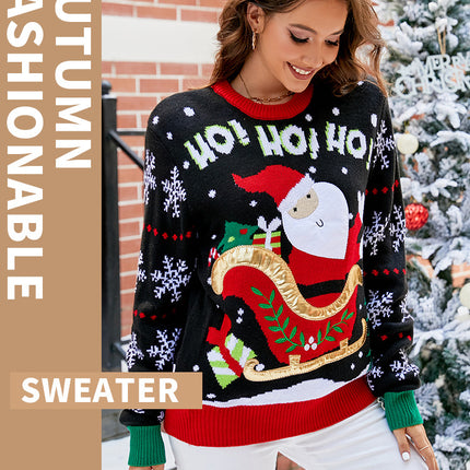 Women's Pullover Knitted Sweater Cartoon Santa Claus Sweet Embroidery Long Sleeve Round Neck Sweater Women's Autumn and Winter