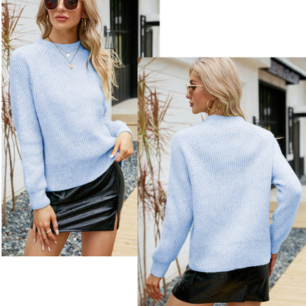 Women's round neck solid color knit sweater shoulder sleeve knit sweater fall and winter pullover long sleeve mohair sweater