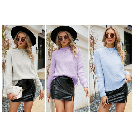 Women's round neck solid color knit sweater shoulder sleeve knit sweater fall and winter pullover long sleeve mohair sweater