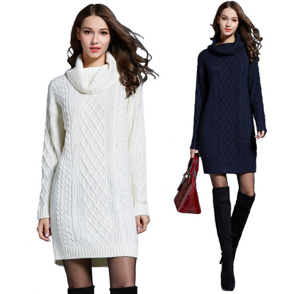 Women's Long Sleeve Solid Color High Neck Sweater Dress Knit One-piece Dress Half Skirt Pullover Sweater Dress