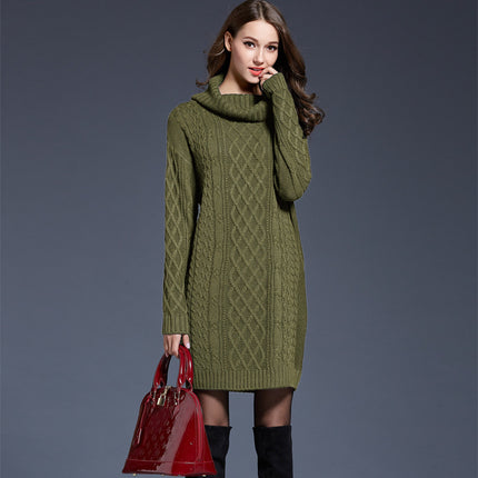 Women's Long Sleeve Solid Color High Neck Sweater Dress Knit One-piece Dress Half Skirt Pullover Sweater Dress