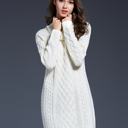 Women's Long Sleeve Solid Color High Neck Sweater Dress Knit One-piece Dress Half Skirt Pullover Sweater Dress