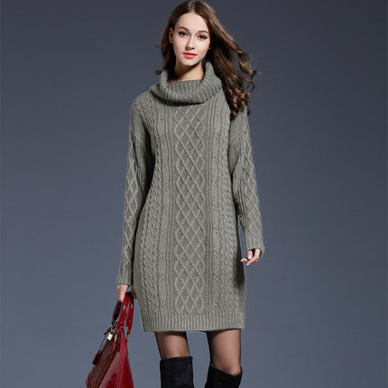 Women's Long Sleeve Solid Color High Neck Sweater Dress Knit One-piece Dress Half Skirt Pullover Sweater Dress