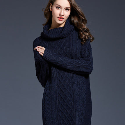 Women's Long Sleeve Solid Color High Neck Sweater Dress Knit One-piece Dress Half Skirt Pullover Sweater Dress