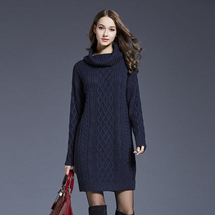 Women's Long Sleeve Solid Color High Neck Sweater Dress Knit One-piece Dress Half Skirt Pullover Sweater Dress