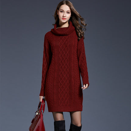 Women's Long Sleeve Solid Color High Neck Sweater Dress Knit One-piece Dress Half Skirt Pullover Sweater Dress