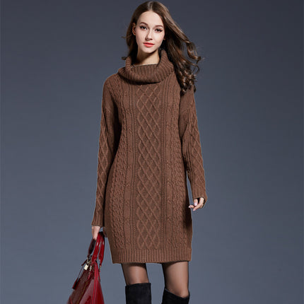 Women's Long Sleeve Solid Color High Neck Sweater Dress Knit One-piece Dress Half Skirt Pullover Sweater Dress