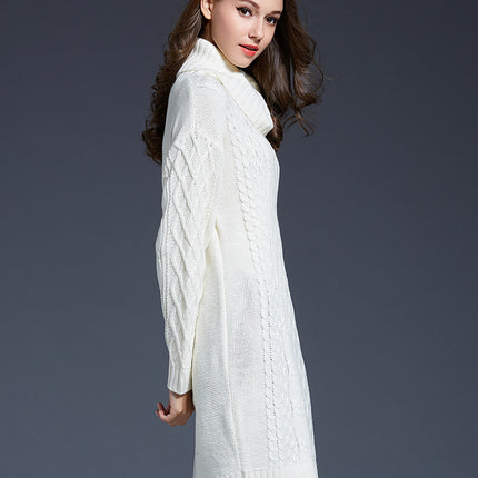 Women's Long Sleeve Solid Color High Neck Sweater Dress Knit One-piece Dress Half Skirt Pullover Sweater Dress