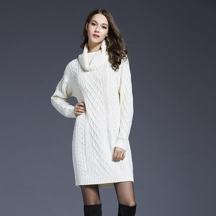 Women's Long Sleeve Solid Color High Neck Sweater Dress Knit One-piece Dress Half Skirt Pullover Sweater Dress