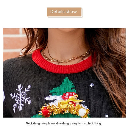 Casual Christmas Sweater Women's Crew Neck Classic Christmas Tree Letter Cartoon Knit Pullover Sweater Top