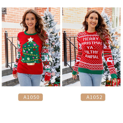 Casual Christmas Sweater Women's Crew Neck Classic Christmas Tree Letter Cartoon Knit Pullover Sweater Top