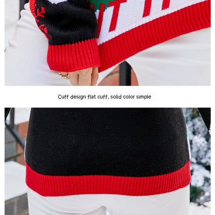 Casual Christmas Sweater Women's Crew Neck Classic Christmas Tree Letter Cartoon Knit Pullover Sweater Top