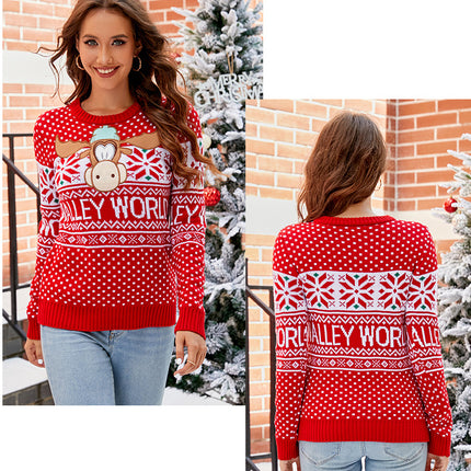 Casual Christmas Sweater Women's Crew Neck Classic Christmas Tree Letter Cartoon Knit Pullover Sweater Top