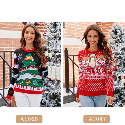 Casual Christmas Sweater Women's Crew Neck Classic Christmas Tree Letter Cartoon Knit Pullover Sweater Top