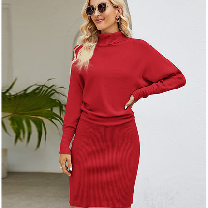 Temperament Women's Solid Color Long Knit Dress Minimalist Style Thin Bag Hip High Neck Sweater Dress Dress Wrap