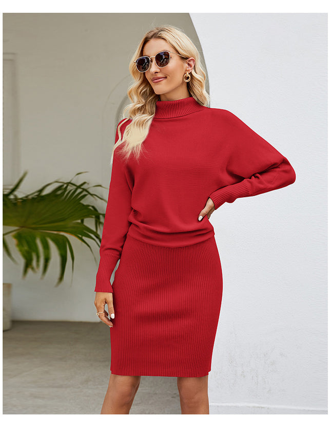 Temperament Women's Solid Color Long Knit Dress Minimalist Style Thin Bag Hip High Neck Sweater Dress Dress Wrap