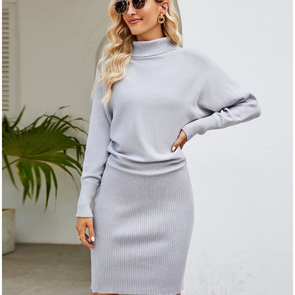 Temperament Women's Solid Color Long Knit Dress Minimalist Style Thin Bag Hip High Neck Sweater Dress Dress Wrap