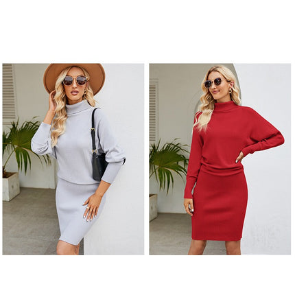 Temperament Women's Solid Color Long Knit Dress Minimalist Style Thin Bag Hip High Neck Sweater Dress Dress Wrap