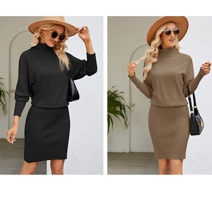 Temperament Women's Solid Color Long Knit Dress Minimalist Style Thin Bag Hip High Neck Sweater Dress Dress Wrap