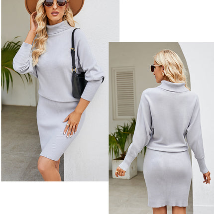 Temperament Women's Solid Color Long Knit Dress Minimalist Style Thin Bag Hip High Neck Sweater Dress Dress Wrap