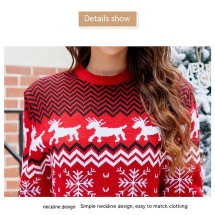 Couple warm Christmas sweater, women men round neck long sleeve reindeer snowflake soft knit pullover, women