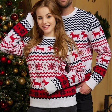 Couple warm Christmas sweater, women men round neck long sleeve reindeer snowflake soft knit pullover, women