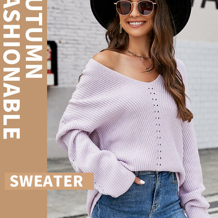 Women's V-Neck Lightweight Sweater Pullover Warm Long Sleeve Loose Casual Long Sweater Knit Top