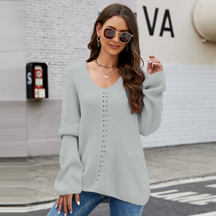 Women's V-Neck Lightweight Sweater Pullover Warm Long Sleeve Loose Casual Long Sweater Knit Top