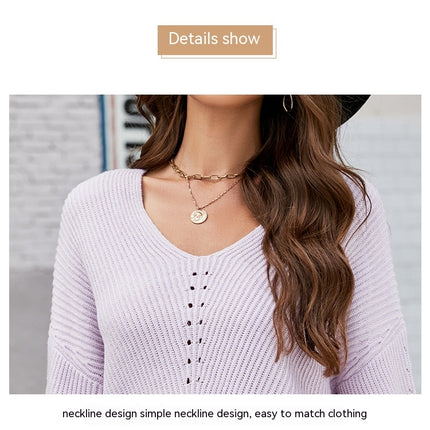 Women's V-Neck Lightweight Sweater Pullover Warm Long Sleeve Loose Casual Long Sweater Knit Top