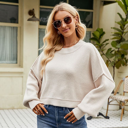 Women's Autumn and Winter Solid Color Loose Short Section Pullover Sweater Fashion Drop Shoulder Long Sleeve Round Neck Knit Sweater