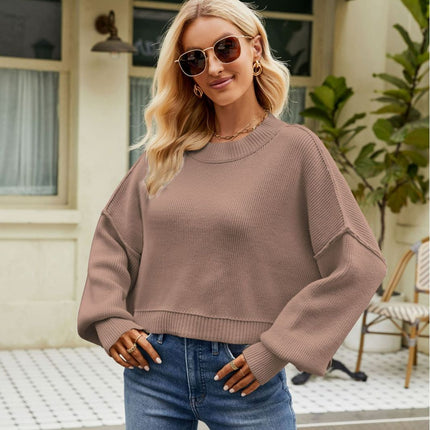 Women's Autumn and Winter Solid Color Loose Short Section Pullover Sweater Fashion Drop Shoulder Long Sleeve Round Neck Knit Sweater