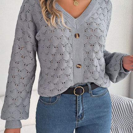 Women's Autumn Knit Sweater V-neck Button Hollow Knit Sweater Casual Long Sleeve Pullover Lightweight Sweater Top