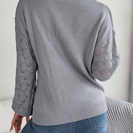 Women's Autumn Knit Sweater V-neck Button Hollow Knit Sweater Casual Long Sleeve Pullover Lightweight Sweater Top