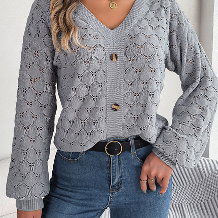 Women's Autumn Knit Sweater V-neck Button Hollow Knit Sweater Casual Long Sleeve Pullover Lightweight Sweater Top