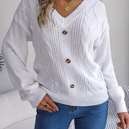 Women's Autumn and Winter Sweater Solid Color Knitted Sweater Button Twist Lantern Sleeve Long Sleeve V-Neck Pullover Top