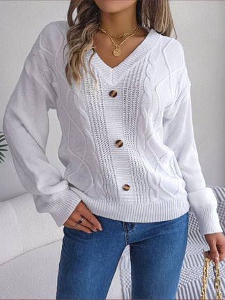 Women's Autumn and Winter Sweater Solid Color Knitted Sweater Button Twist Lantern Sleeve Long Sleeve V-Neck Pullover Top