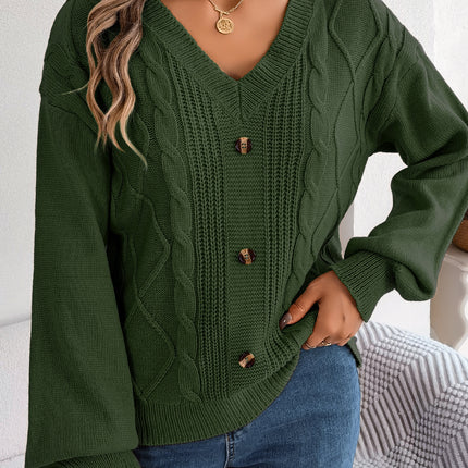 Women's Autumn and Winter Sweater Solid Color Knitted Sweater Button Twist Lantern Sleeve Long Sleeve V-Neck Pullover Top