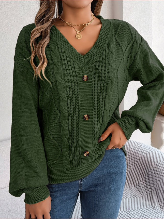 Women's Autumn and Winter Sweater Solid Color Knitted Sweater Button Twist Lantern Sleeve Long Sleeve V-Neck Pullover Top