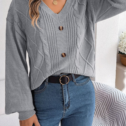 Women's Autumn and Winter Sweater Solid Color Knitted Sweater Button Twist Lantern Sleeve Long Sleeve V-Neck Pullover Top