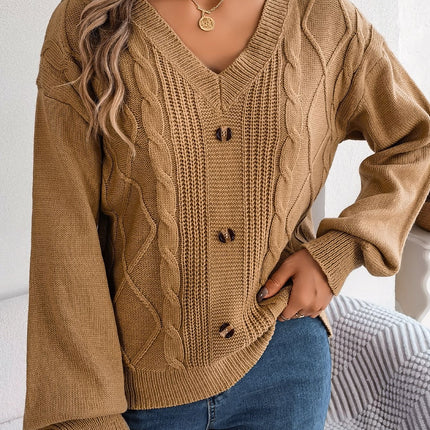 Women's Autumn and Winter Sweater Solid Color Knitted Sweater Button Twist Lantern Sleeve Long Sleeve V-Neck Pullover Top