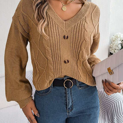 Women's Autumn and Winter Sweater Solid Color Knitted Sweater Button Twist Lantern Sleeve Long Sleeve V-Neck Pullover Top