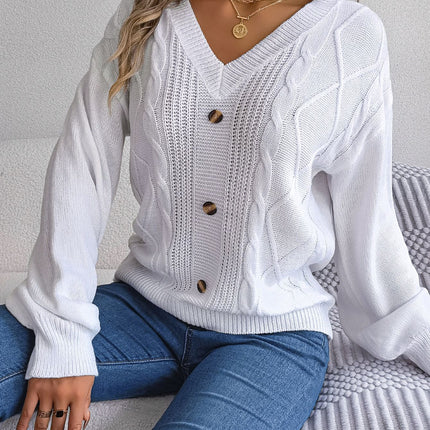 Women's Autumn and Winter Sweater Solid Color Knitted Sweater Button Twist Lantern Sleeve Long Sleeve V-Neck Pullover Top