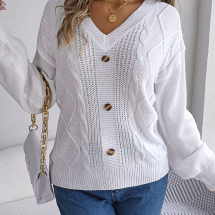 Women's Autumn and Winter Sweater Solid Color Knitted Sweater Button Twist Lantern Sleeve Long Sleeve V-Neck Pullover Top