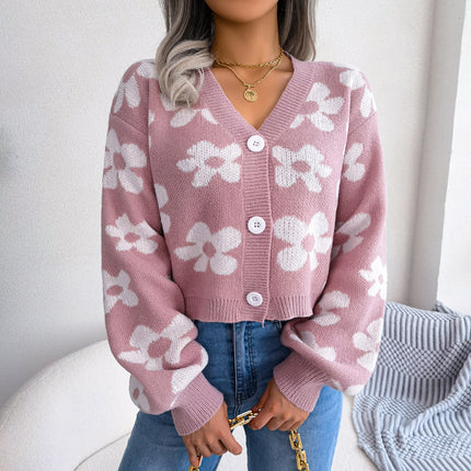 Women's Sweater Autumn Fashion Clash Color Flower Embroidery Cardigan Cardigan Cute Lantern Sleeve Tops Casual Sweater Jacket