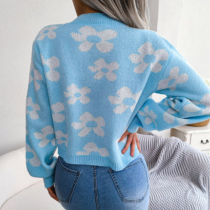 Women's Sweater Autumn Fashion Clash Color Flower Embroidery Cardigan Cardigan Cute Lantern Sleeve Tops Casual Sweater Jacket