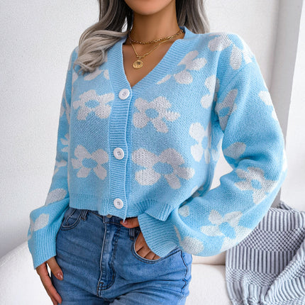 Women's Sweater Autumn Fashion Clash Color Flower Embroidery Cardigan Cardigan Cute Lantern Sleeve Tops Casual Sweater Jacket