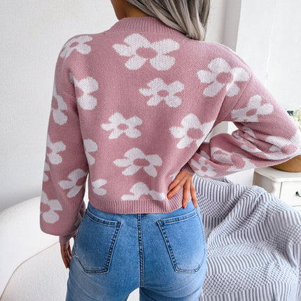 Women's Sweater Autumn Fashion Clash Color Flower Embroidery Cardigan Cardigan Cute Lantern Sleeve Tops Casual Sweater Jacket